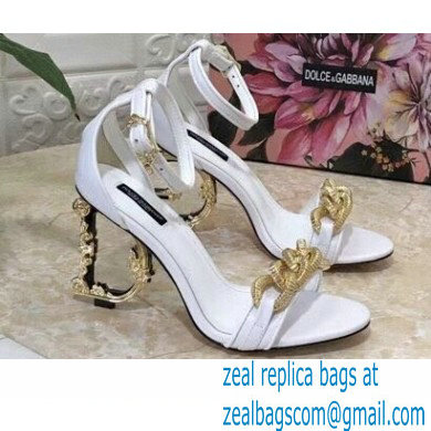Dolce & Gabbana Heel 10.5cm Leather Chain Sandals White with Baroque D & G Heel 2021